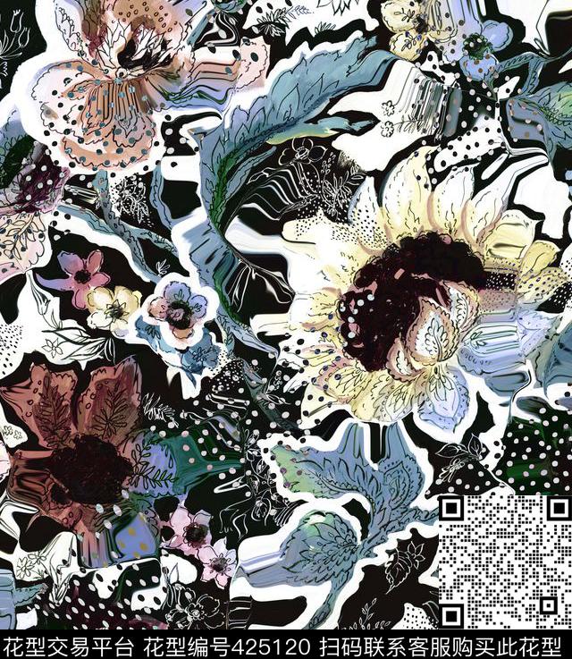 男装手绘花卉数码印花华亿平台下载（图片编号: 425120） - 瓦栏（Walan）