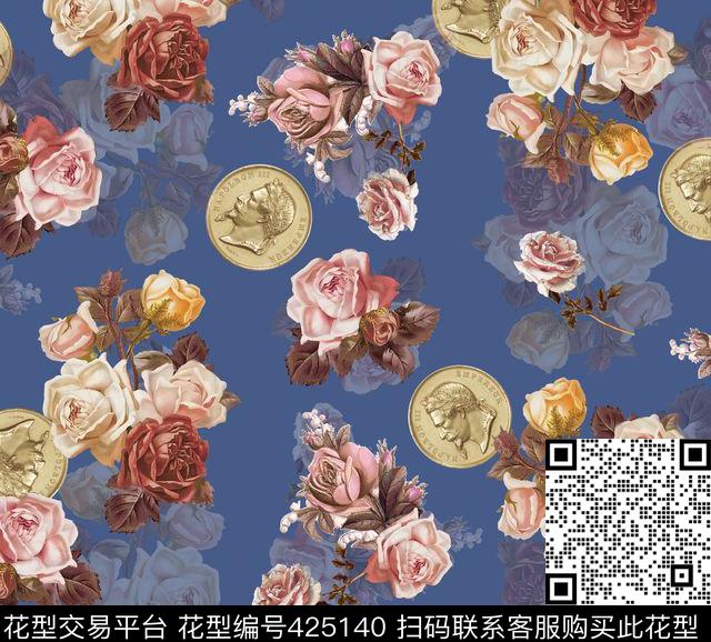 复古硬币手绘玫瑰花数码印花华亿平台下载（图片编号: 425140） - 瓦栏（Walan）