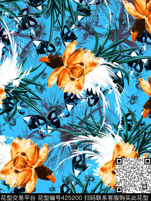 抽象花花鸟数码印花华亿平台下载（图片编号: 425200） - 瓦栏（Walan）