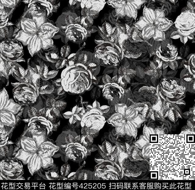 抽象素描黑白花卉传统印花华亿平台下载（图片编号: 425205） - 瓦栏（Walan）