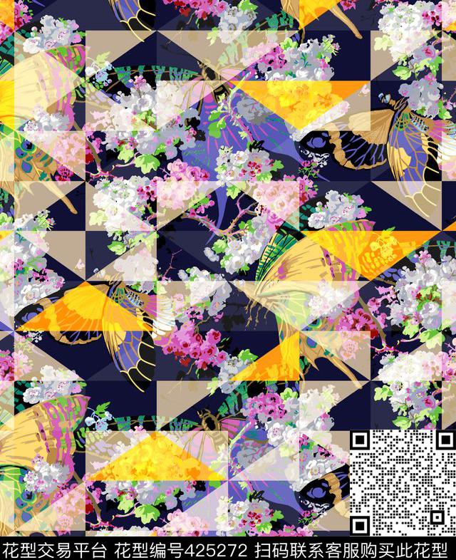 花卉三角蝴蝶花优雅清新传统印花华亿平台下载（图片编号: 425272） - 瓦栏（Walan）