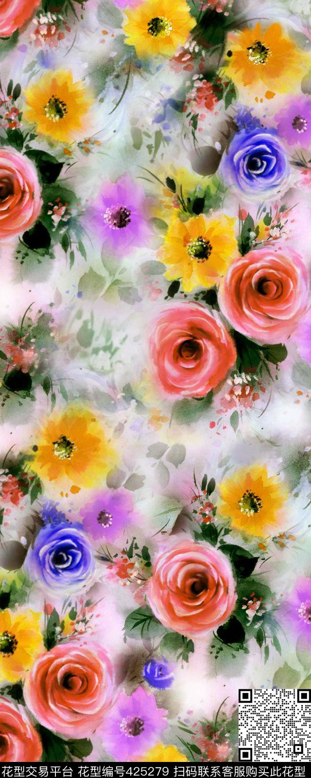 花卉水墨写意数码印花华亿平台下载（图片编号: 425279） - 瓦栏（Walan）