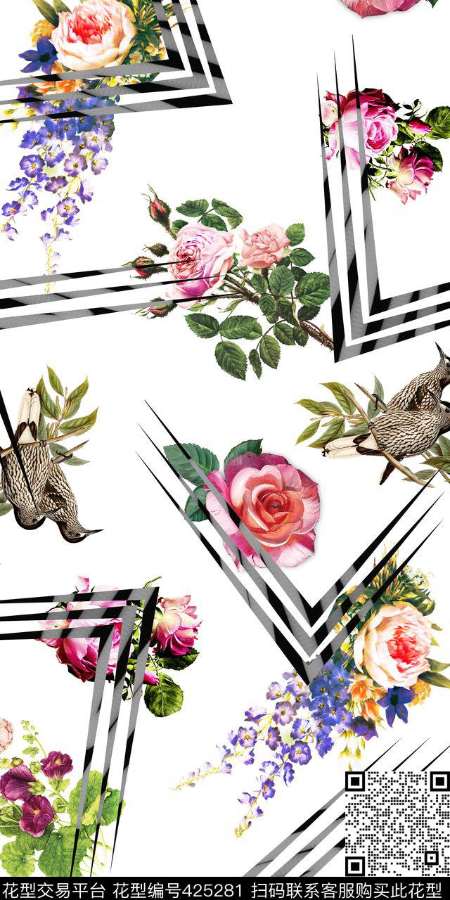 几何清爽花鸟数码印花华亿平台下载（图片编号: 425281） - 瓦栏（Walan）