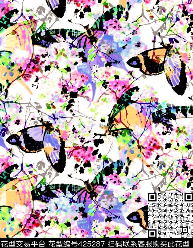 花卉树枝蝴蝶绣球花(水彩）优雅清新数码印花华亿平台下载（图片编号: 425287） - 瓦栏（Walan）