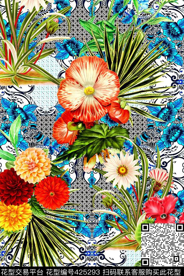 格子花卉卷草数码印花华亿平台下载（图片编号: 425293） - 瓦栏（Walan）