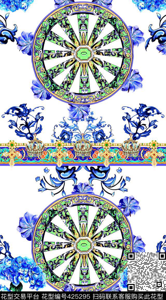 中国风青花瓷珠宝数码印花华亿平台下载（图片编号: 425295） - 瓦栏（Walan）