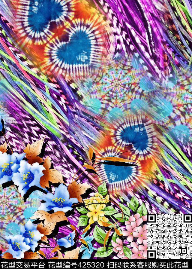 抽象条纹花卉数码印花华亿平台下载（图片编号: 425320） - 瓦栏（Walan）