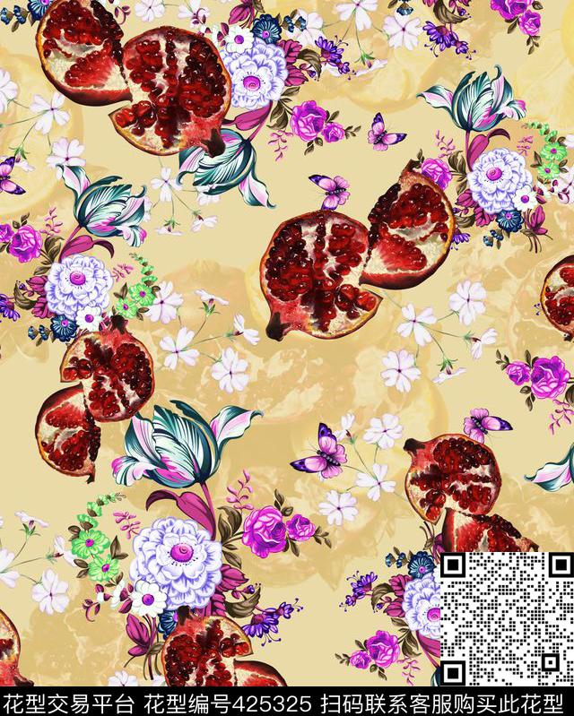 油画石榴花卉数码印花华亿平台下载（图片编号: 425325） - 瓦栏（Walan）