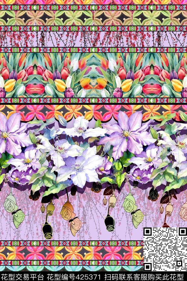 波西米亚民族传统花卉几何数码印花华亿平台下载（图片编号: 425371） - 瓦栏（Walan）