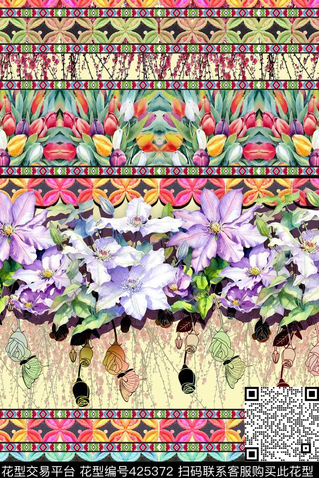 波西米亚民族传统花卉几何数码印花华亿平台下载（图片编号: 425372） - 瓦栏（Walan）