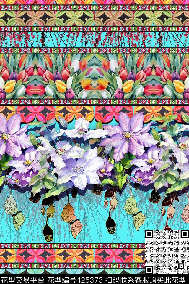 波西米亚民族传统花卉几何数码印花华亿平台下载（图片编号: 425373） - 瓦栏（Walan）