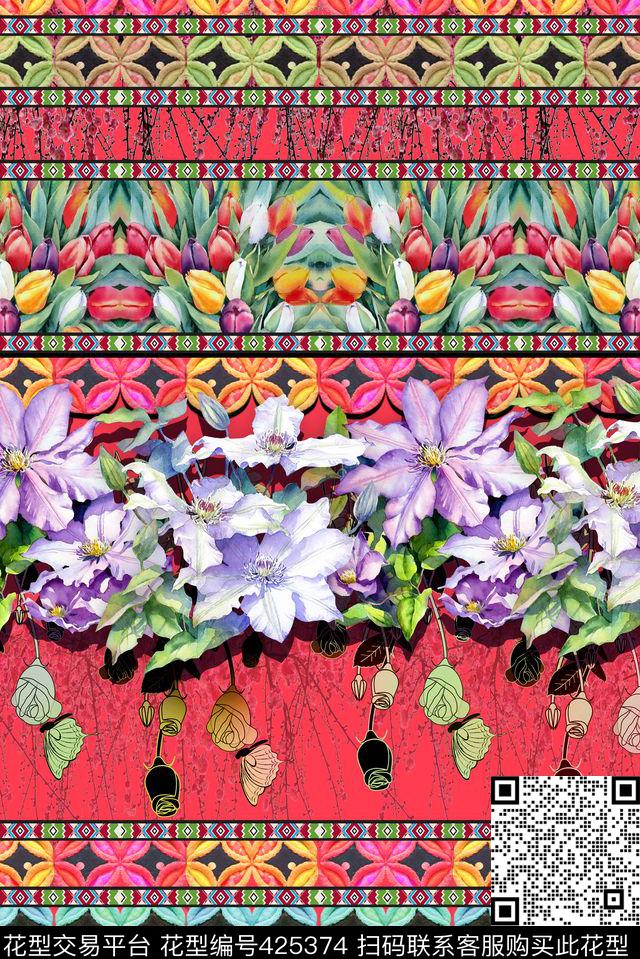 波西米亚民族传统花卉几何数码印花华亿平台下载（图片编号: 425374） - 瓦栏（Walan）