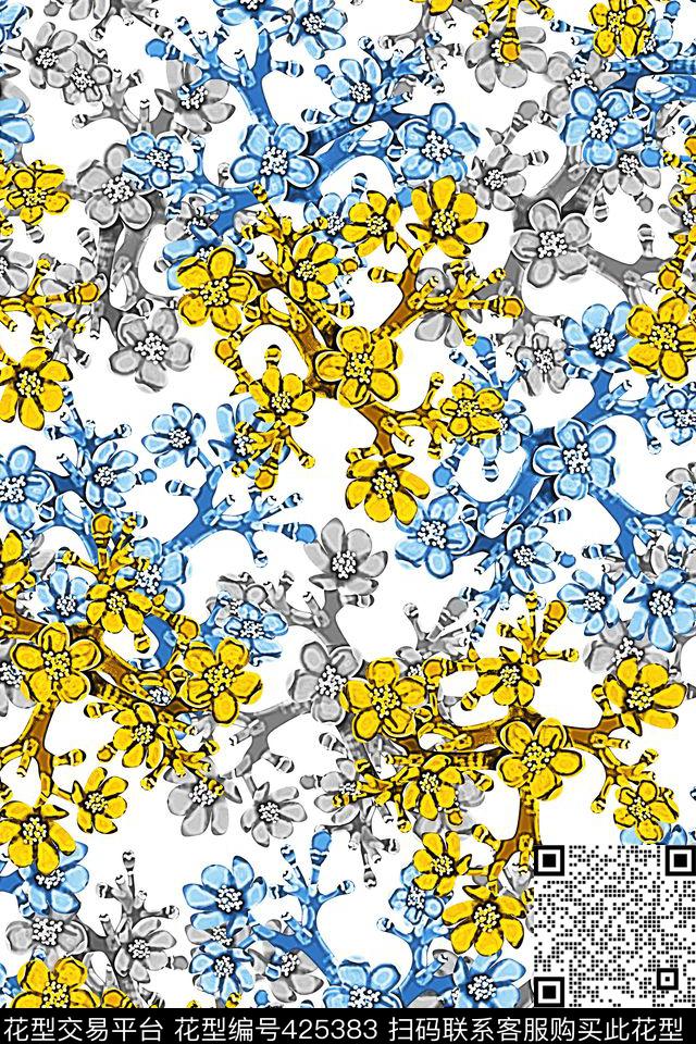 小清新花朵树枝数码印花华亿平台下载（图片编号: 425383） - 瓦栏（Walan）