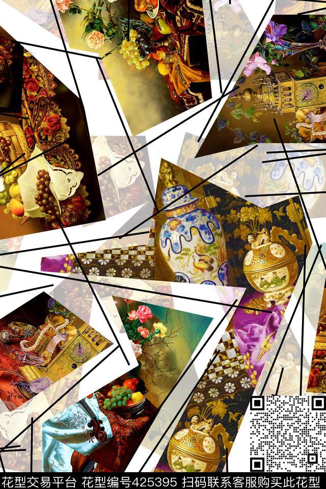 花卉静物几何线条时尚拼接数码印花华亿平台下载（图片编号: 425395） - 瓦栏（Walan）