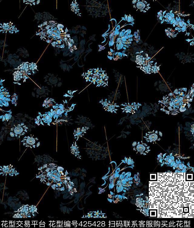 黑底流行时尚花卉金属数码印花华亿平台下载（图片编号: 425428） - 瓦栏（Walan）