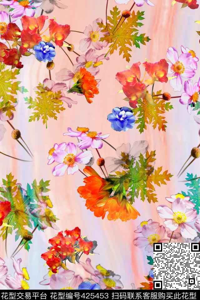 写实云纹淡雅鲜花数码印花华亿平台下载（图片编号: 425453） - 瓦栏（Walan）
