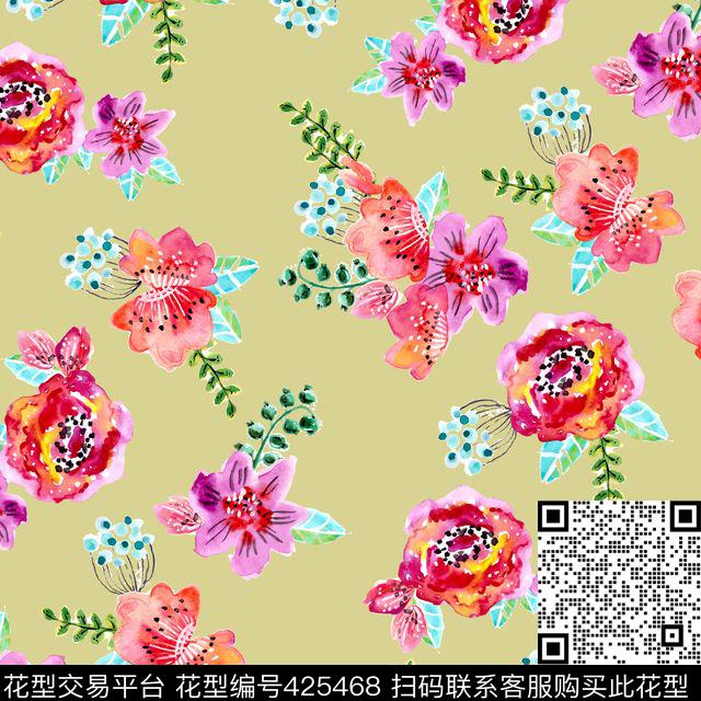 花卉春夏水彩花卉数码印花华亿平台下载（图片编号: 425468） - 瓦栏（Walan）