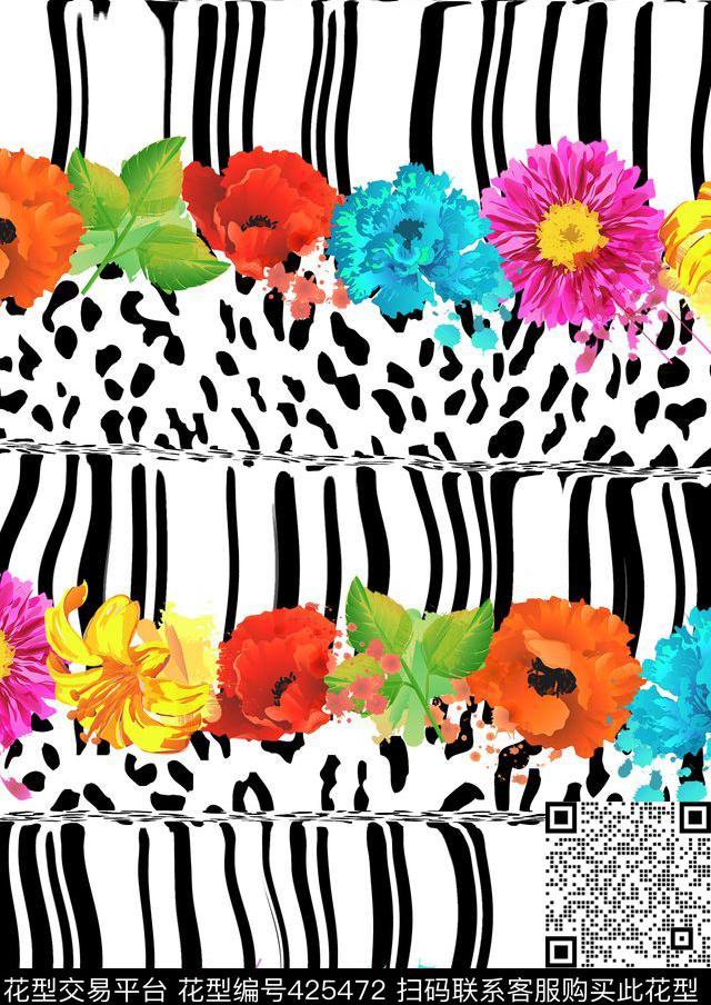 斑马纹豹纹花卉数码印花华亿平台下载（图片编号: 425472） - 瓦栏（Walan）