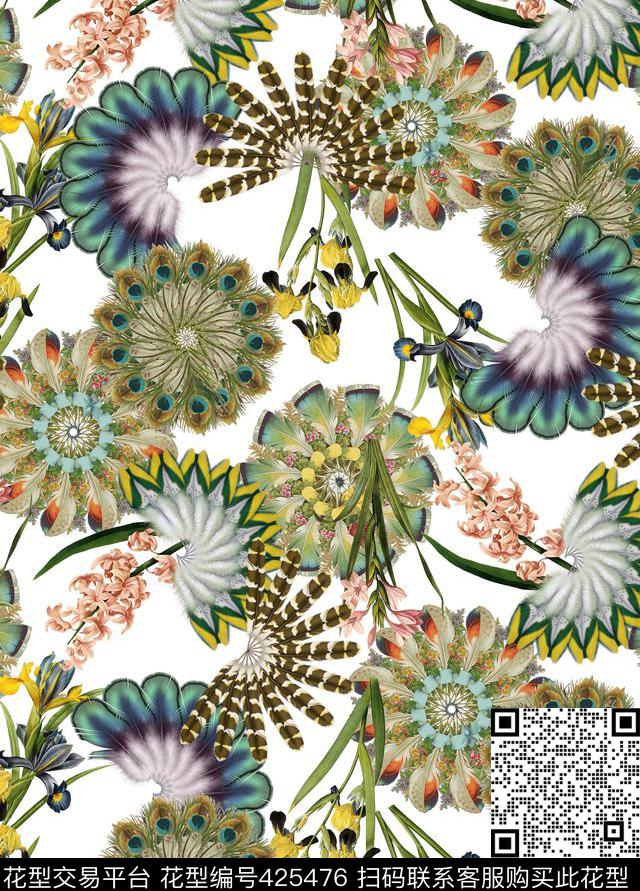 复古手绘花卉羽毛数码印花华亿平台下载（图片编号: 425476） - 瓦栏（Walan）