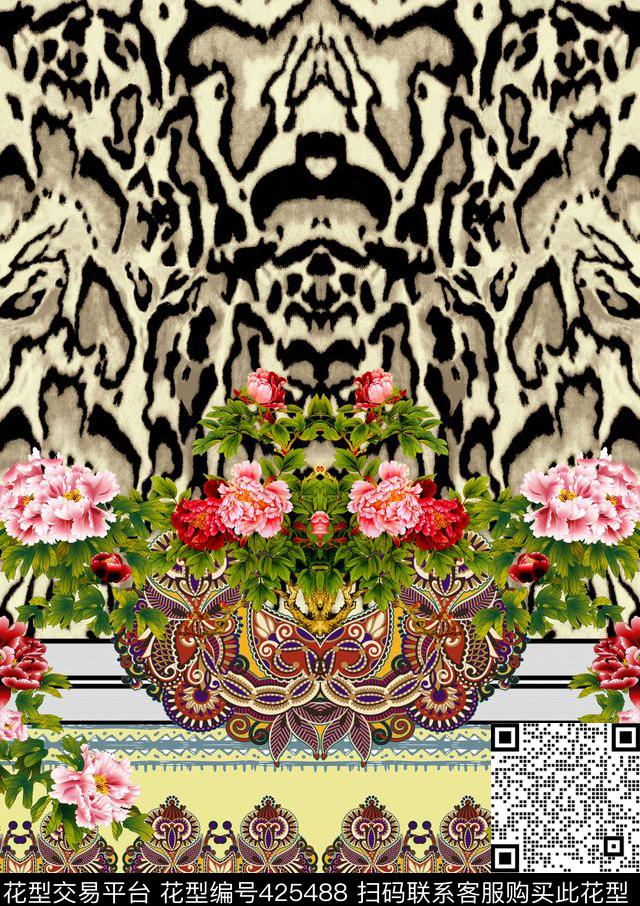 民族风豹纹玫瑰数码印花华亿平台下载（图片编号: 425488） - 瓦栏（Walan）