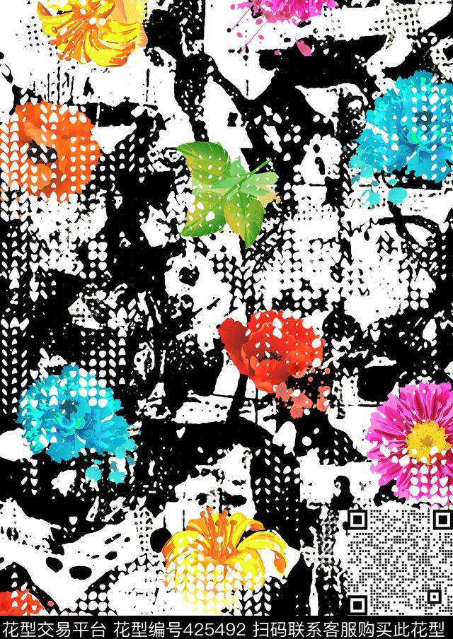 笔触黑白花卉数码印花华亿平台下载（图片编号: 425492） - 瓦栏（Walan）