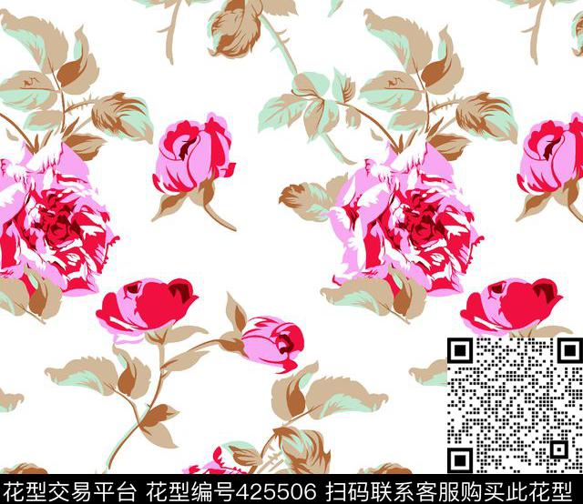花夲清晰玫瑰花传统印花华亿平台下载（图片编号: 425506） - 瓦栏（Walan）