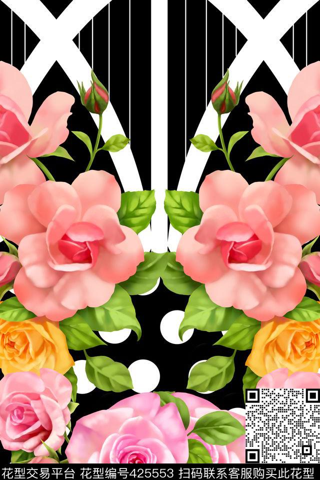 玫瑰花时尚定位条纹波点数码印花华亿平台下载（图片编号: 425553） - 瓦栏（Walan）