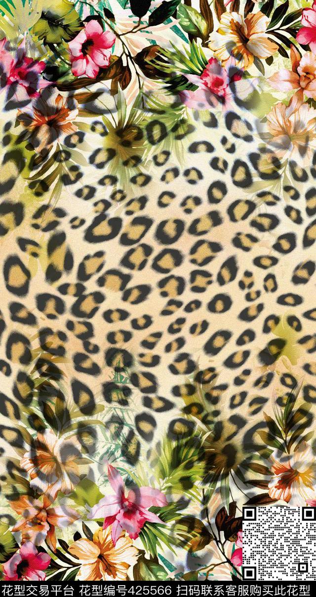 抽象花卉豹纹优雅清新数码印花华亿平台下载（图片编号: 425566） - 瓦栏（Walan）