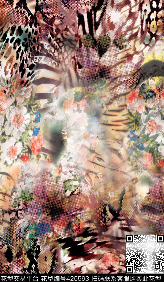 丛林混搭花卉抽象动物花卉纹组合数码印花华亿平台下载（图片编号: 425593） - 瓦栏（Walan）