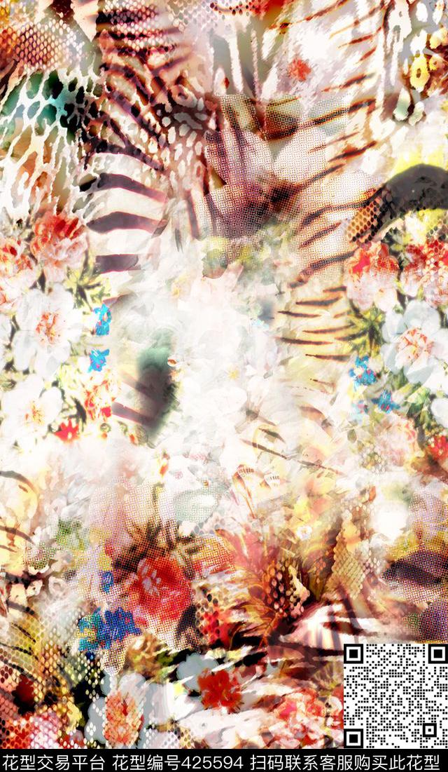 丛林混搭花卉抽象动物花卉纹组合数码印花华亿平台下载（图片编号: 425594） - 瓦栏（Walan）