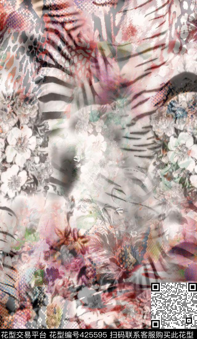 丛林混搭花卉抽象动物花卉纹组合数码印花华亿平台下载（图片编号: 425595） - 瓦栏（Walan）
