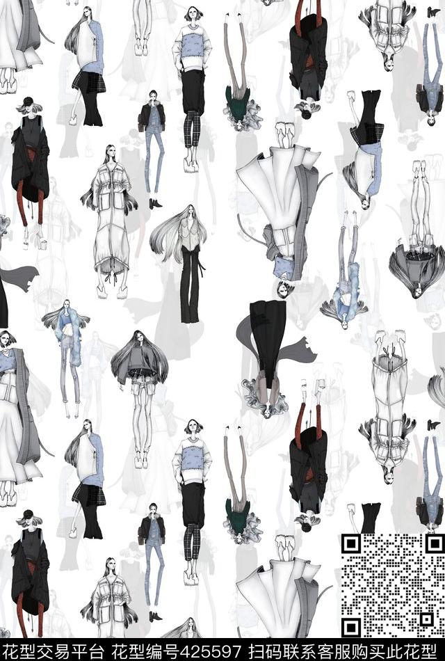 流行时尚美女插画人物数码印花华亿平台下载（图片编号: 425597） - 瓦栏（Walan）
