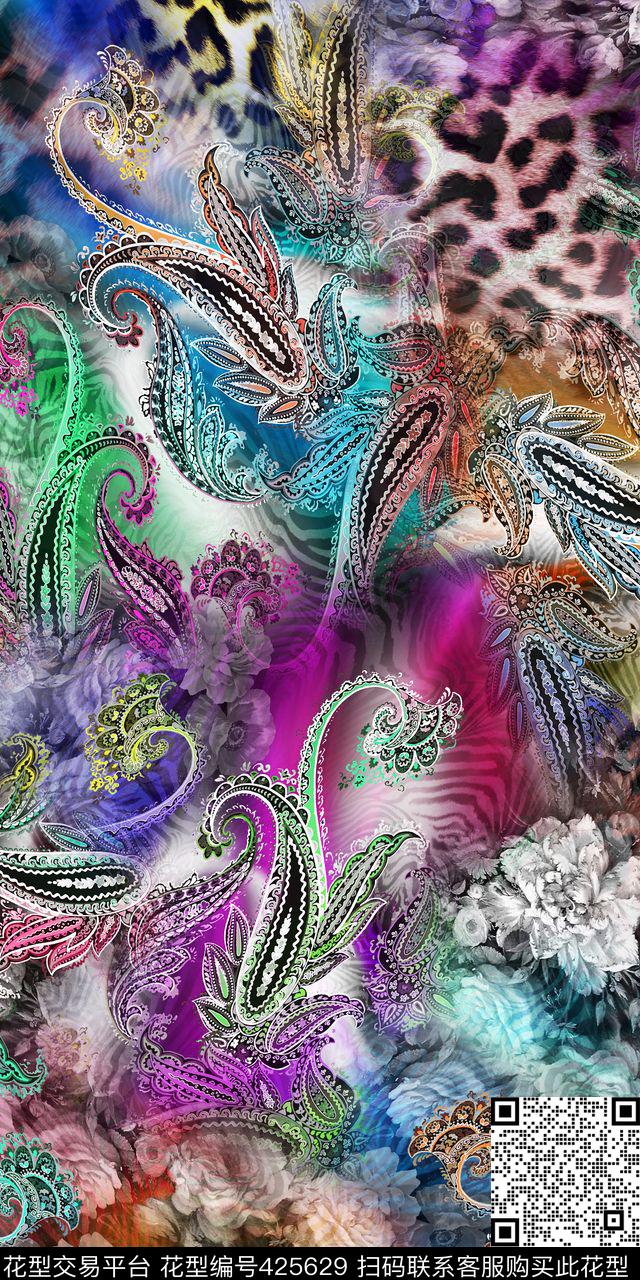 复古佩斯利火腿纹绚丽豹纹数码印花华亿平台下载（图片编号: 425629） - 瓦栏（Walan）