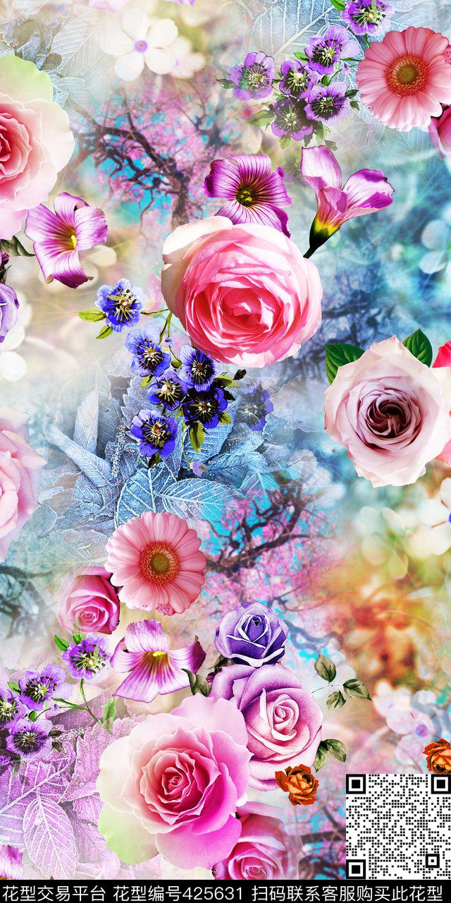 小清新清爽朦胧底连衣裙花卉数码印花华亿平台下载（图片编号: 425631） - 瓦栏（Walan）