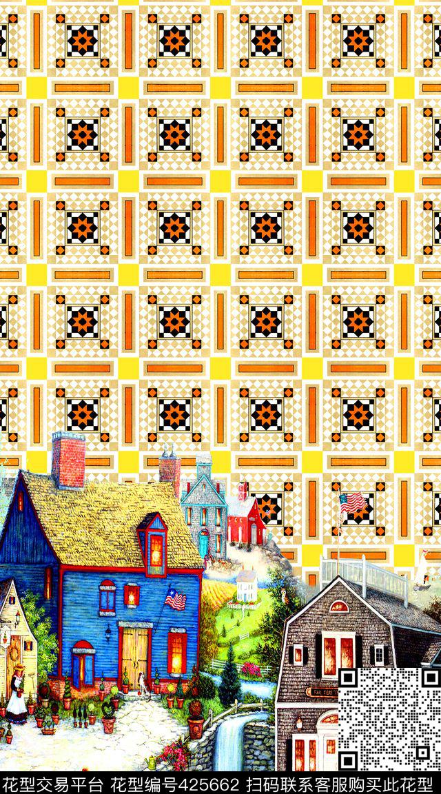 欧式建筑格子数码印花华亿平台下载（图片编号: 425662） - 瓦栏（Walan）