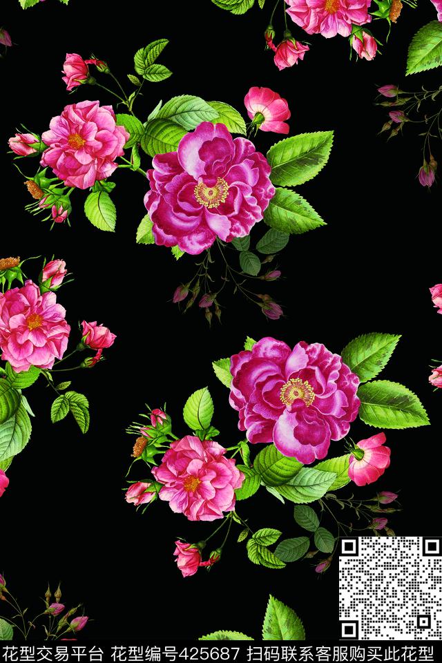 时尚黑底复古花数码印花华亿平台下载（图片编号: 425687） - 瓦栏（Walan）