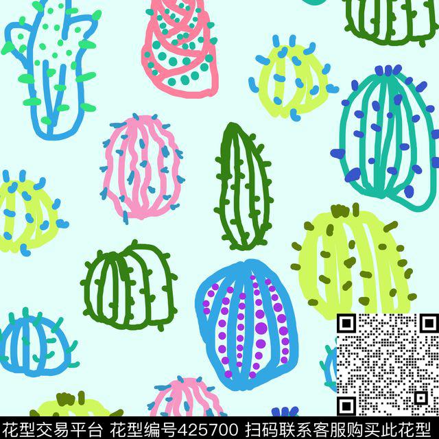 清新手绘仙人掌传统印花华亿平台下载（图片编号: 425700） - 瓦栏（Walan）