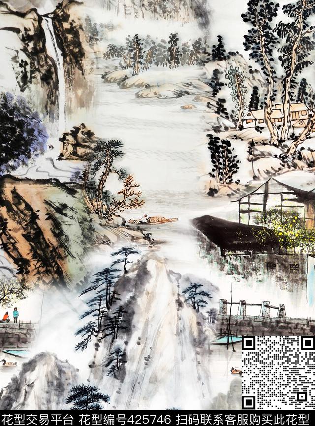 水墨风格水墨风景数码印花华亿平台下载（图片编号: 425746） - 瓦栏（Walan）