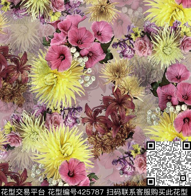 百合花菊花牵牛花数码印花华亿平台下载（图片编号: 425787） - 瓦栏（Walan）