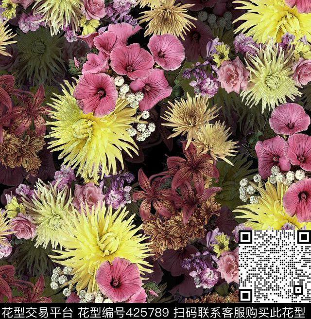 优雅花卉菊花牵牛花数码印花华亿平台下载（图片编号: 425789） - 瓦栏（Walan）