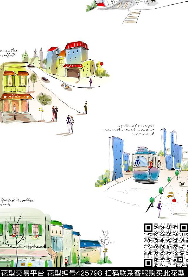 卡通数码印花房子手绘数码印花华亿平台下载（图片编号: 425798） - 瓦栏（Walan）