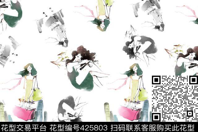 时尚流行女孩卡通数码印花华亿平台下载（图片编号: 425803） - 瓦栏（Walan）