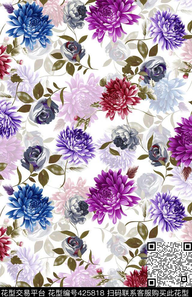 花卉菊花时尚绚丽数码印花华亿平台下载（图片编号: 425818） - 瓦栏（Walan）