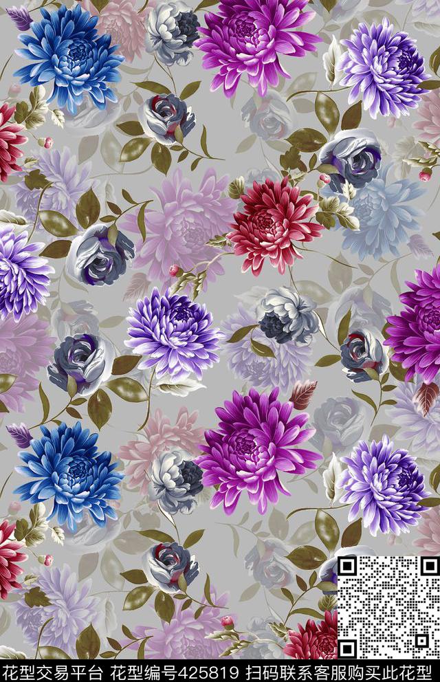 时尚绚丽菊花手绘数码印花华亿平台下载（图片编号: 425819） - 瓦栏（Walan）