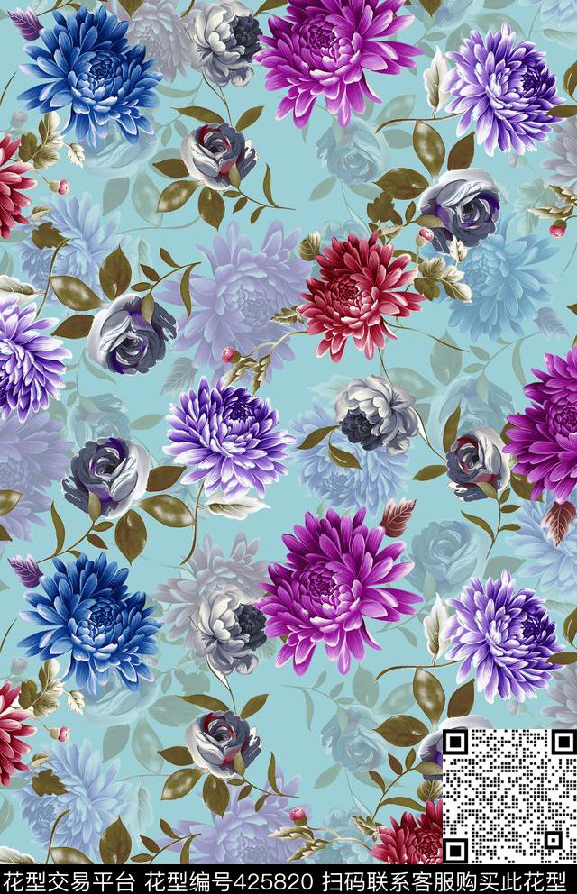 时尚绚丽菊花手绘数码印花华亿平台下载（图片编号: 425820） - 瓦栏（Walan）