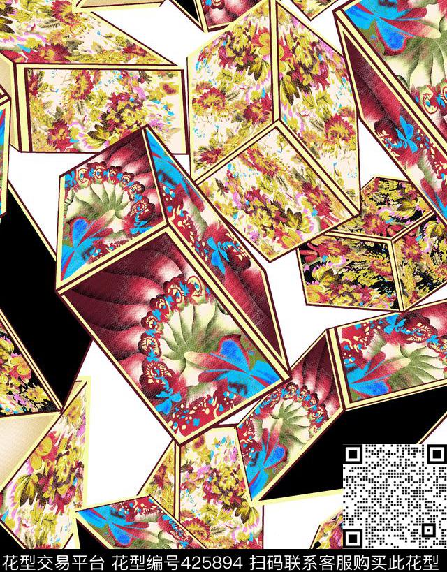 欧式几何花卉数码印花华亿平台下载（图片编号: 425894） - 瓦栏（Walan）