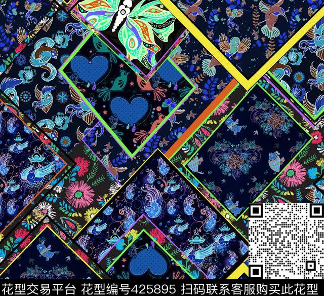 欧式几何花鸟数码印花华亿平台下载（图片编号: 425895） - 瓦栏（Walan）