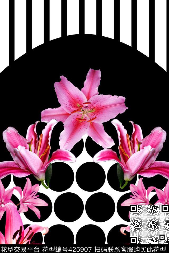 百合花波点时尚条纹数码印花华亿平台下载（图片编号: 425907） - 瓦栏（Walan）