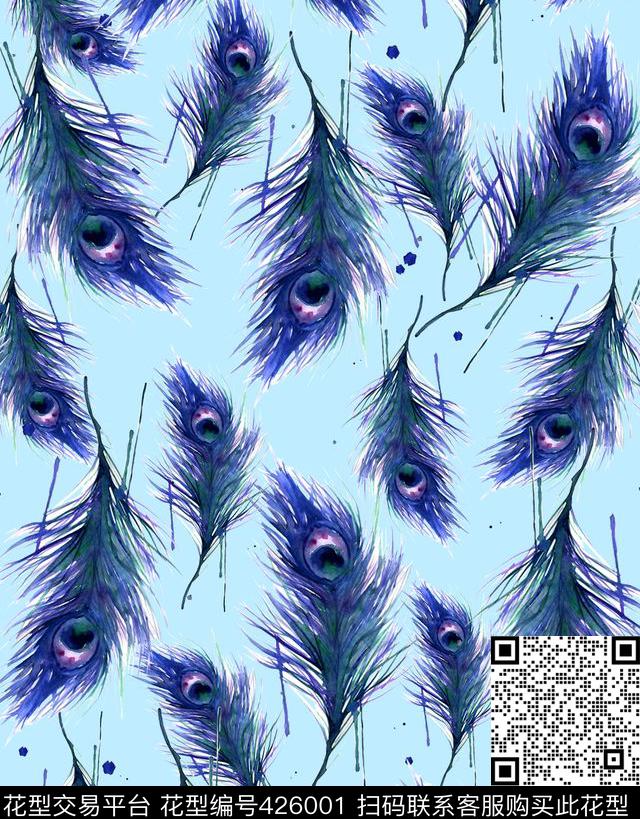 孔雀清新时尚数码印花华亿平台下载（图片编号: 426001） - 瓦栏（Walan）