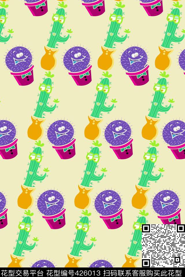 趣味仙人掌植物插画传统印花华亿平台下载（图片编号: 426013） - 瓦栏（Walan）